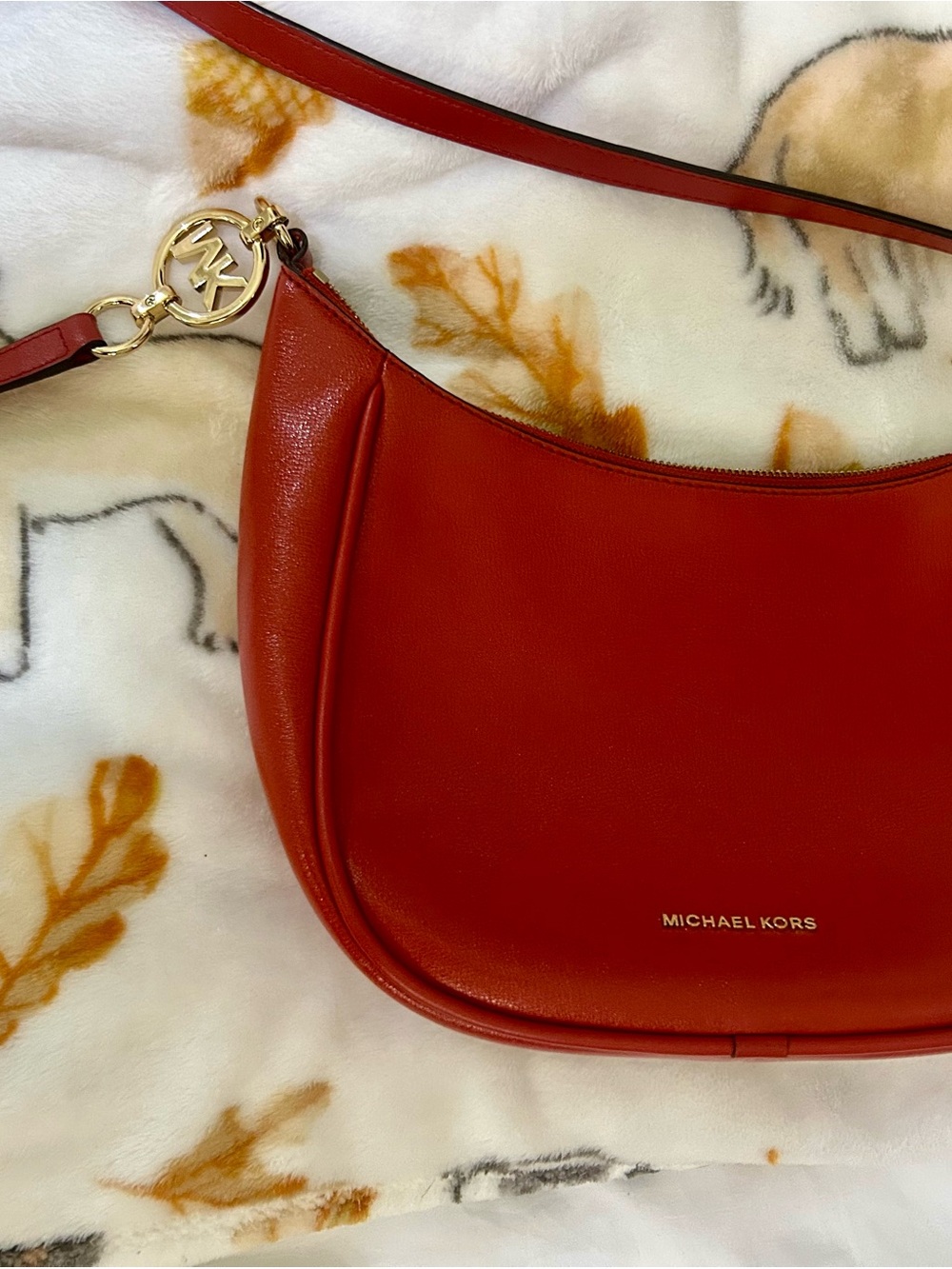 Michael Kors Red Crescent Leather Shoulder Bag with Gold Hardware